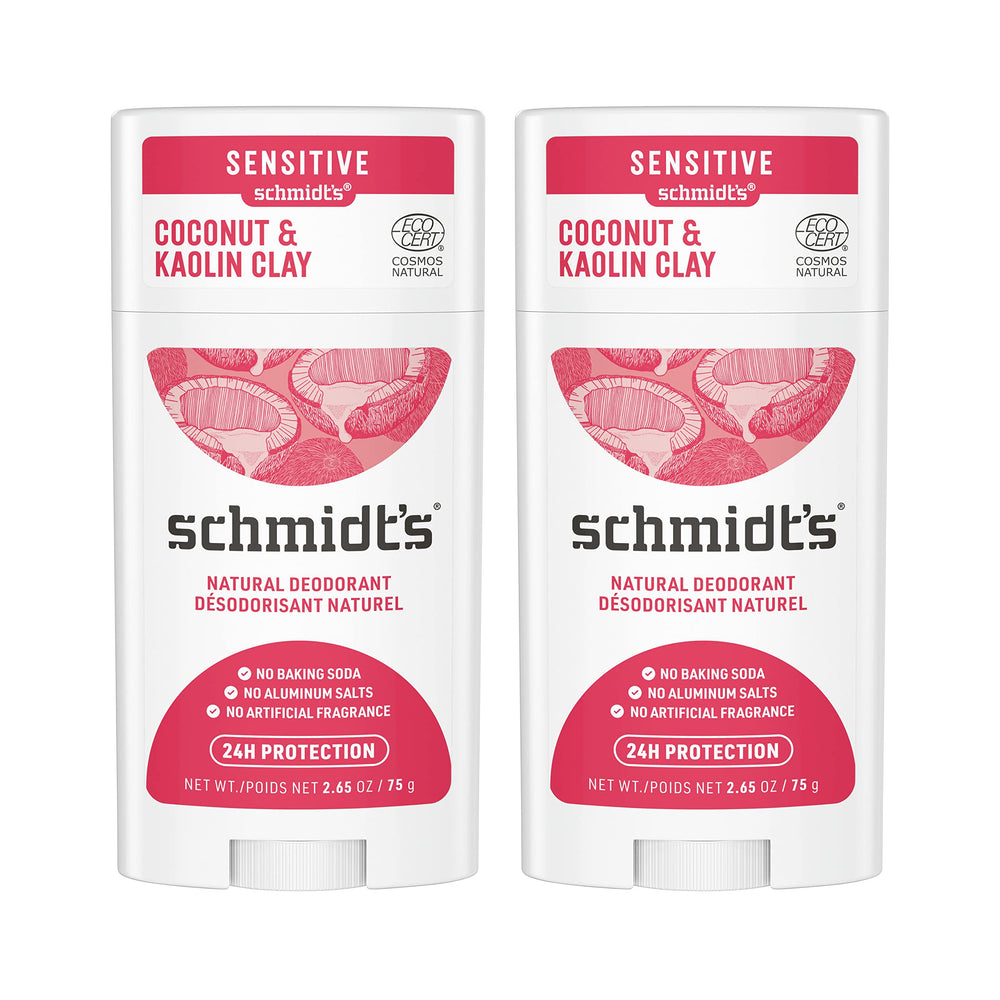 Schmidt's Coconut Kaolin 2pk aluminum-free deodorant for all-day odor control.