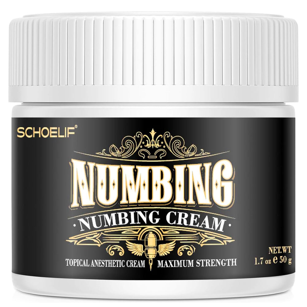 SCHOELIF Extra Strength Numbing Cream tube close-up shows compact packaging for easy daily use.