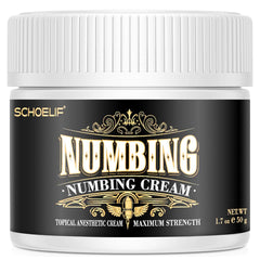 SCHOELIF Extra Strength Numbing Cream tube close-up shows compact packaging for easy daily use.