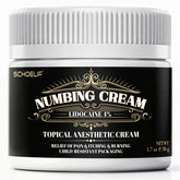 SCHOELIF Numbing Cream tube closeup shows compact packaging and fast-acting relief potential.