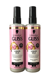 Schwarzkopf Gliss Liquid Silk Leave-In Conditioner spray demonstrates easy application for daily care.