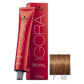 Schwarzkopf Igora Royal color 7-55 tube close-up for precise, even coverage.