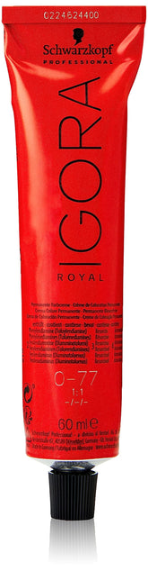 Schwarzkopf IGORA ROYAL color creme 0-77 packaging shows professional-grade color option for salons.