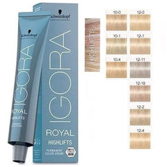 Schwarzkopf Igora Royal Highlift swatches showing cool blonde tones with Fibreplex-ready care.