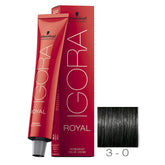 Schwarzkopf Igora Royal 3-0 Dark Brown packaging for reliable, salon-grade gray coverage.