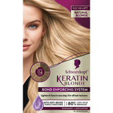 Schwarzkopf Keratin Blonde dye kit packaging highlights professional color and bond-enforcing system