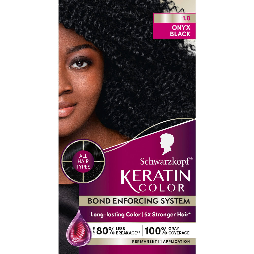 Schwarzkopf Keratin Color bottle close-up showing rich professional-grade color.
