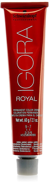 Schwarzkopf Professional Igora Royal 9-7 swatches for vibrant extra light copper blonde shade in salon lighting.
