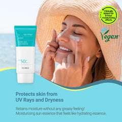 SCINIC Enjoy Sun Essence texture close-up highlights hydrating, non-greasy finish.