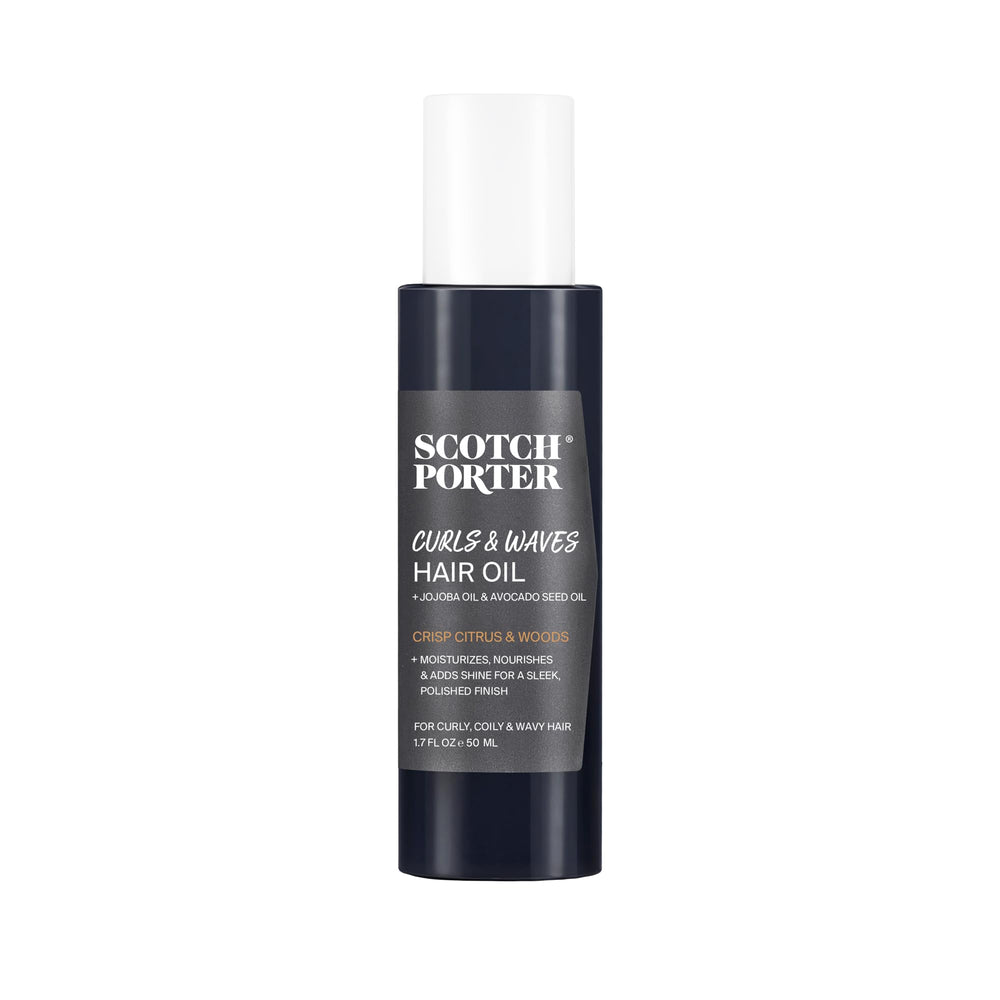 Scotch Porter Curls & Waves Oil bottle pours, sealing in moisture for frizz-free hair.