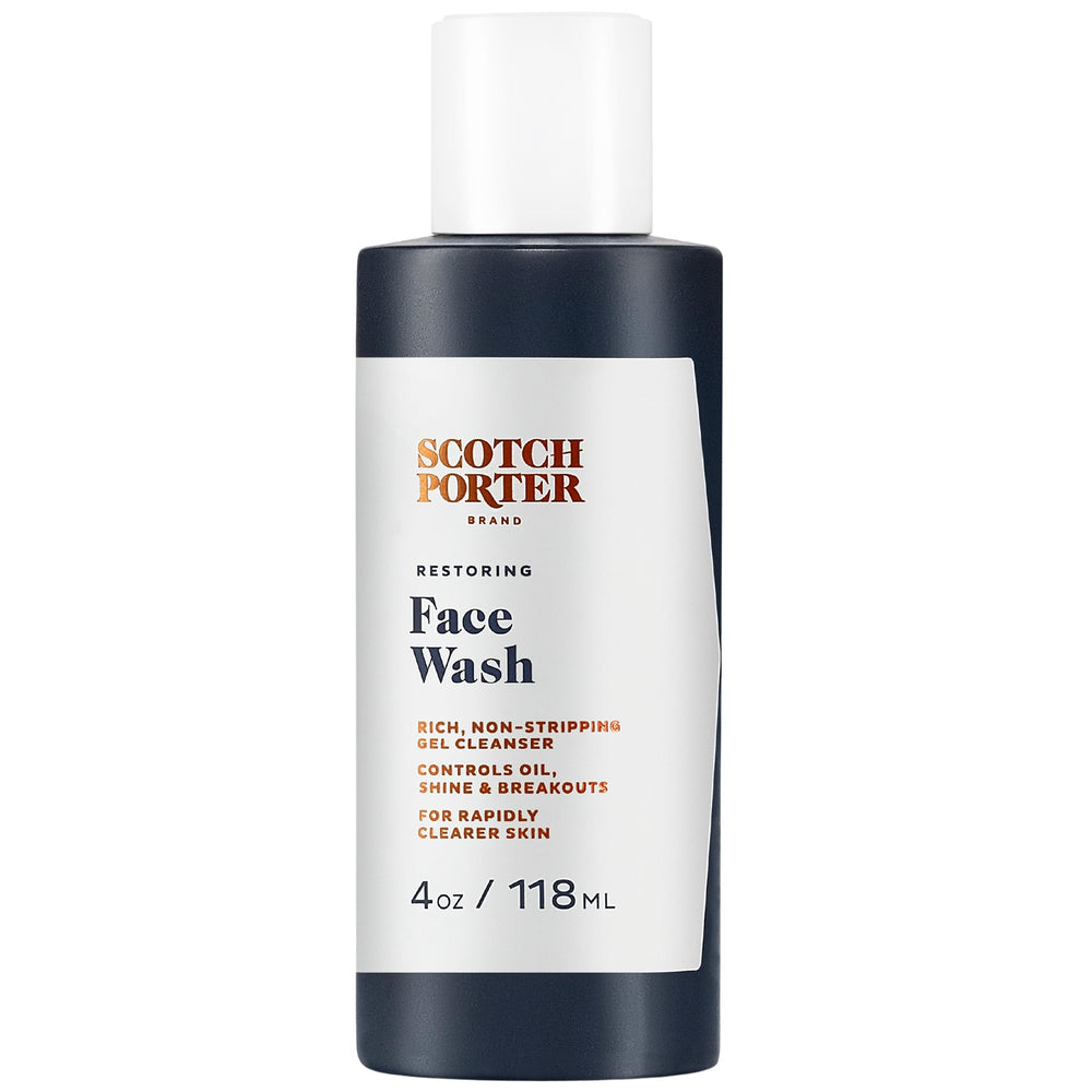 Scotch Porter Restoring Face Wash bottle front shows vegan gel cleanser for everyday refreshing cleanse.