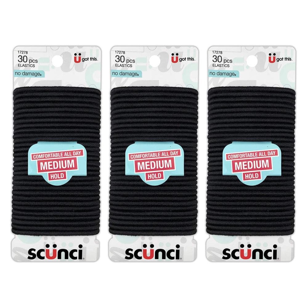 Scunci Effortless Beauty elastics close-up showing metal-free design for gentle hold