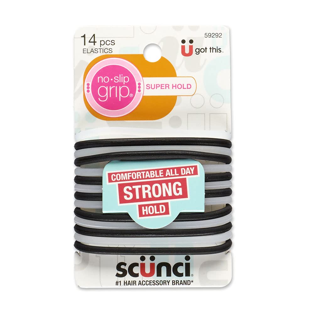 Scunci No-Slip Grip elastic hair ties in assorted colors provide all-day hold.