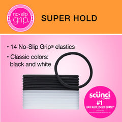 Scunci No-Slip Grip elastic hair ties closeup texture shows a snag-free surface for gentle styling.
