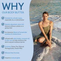 SEACRET Minerals Body Butter application hand shows creamy texture for quick absorption.