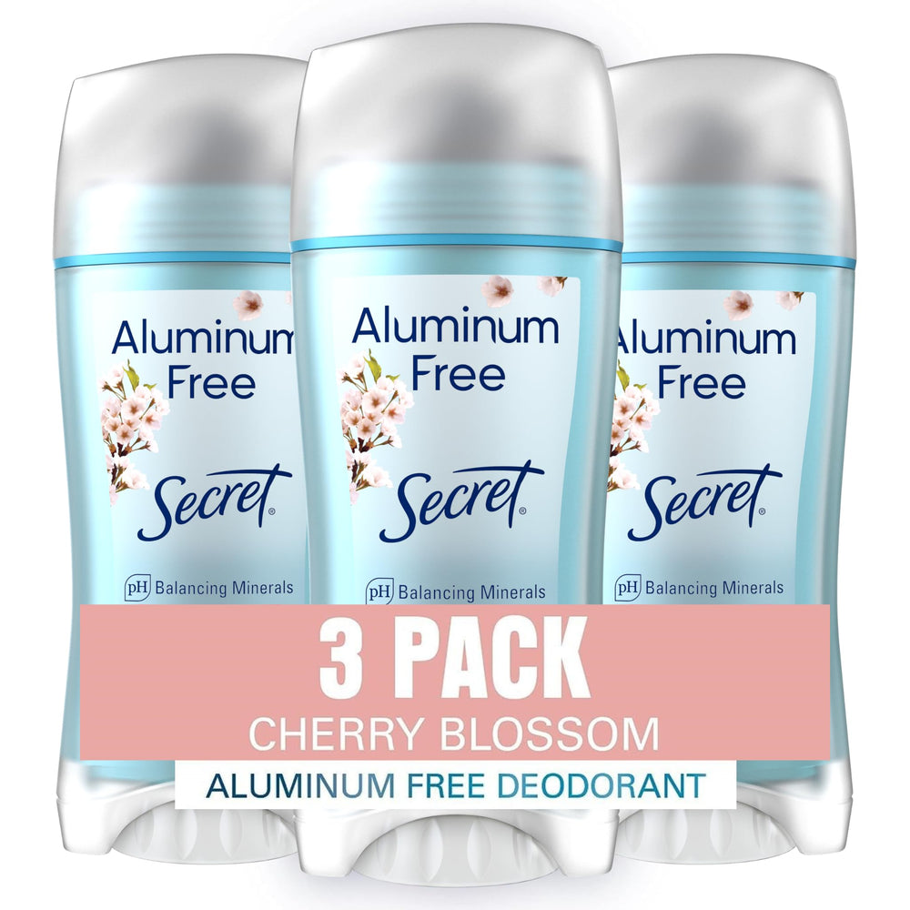 Secret cherry blossom deodorant closeup shows aluminum-free freshness for daily wear.