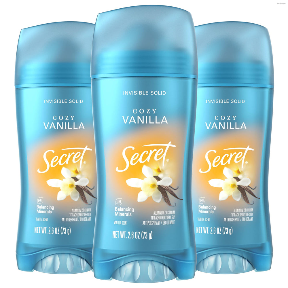 Secret Fresh invisible solid vanilla pack3 front demonstrates all-day odor protection for daily confidence.