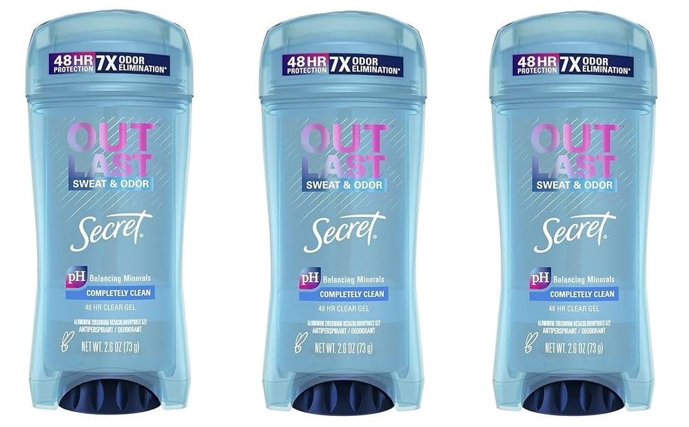 Secret Outlast clear gel bottle with three-pack packaging for long-lasting freshness.