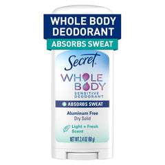 Secret Whole Body Deodorant Dry Feel Stick packaging shows aluminum-free formula for freshness.