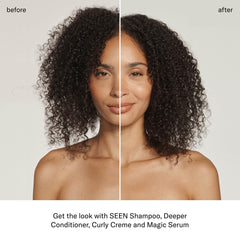 SEEN Curly Creme on model showcasing defined curls with soft hold.