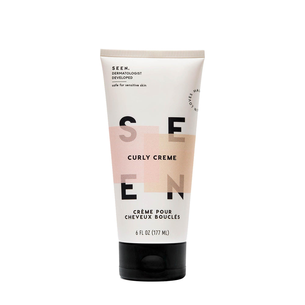 SEEN Curly Creme bottle closeup highlighting frizz control and curl definition.