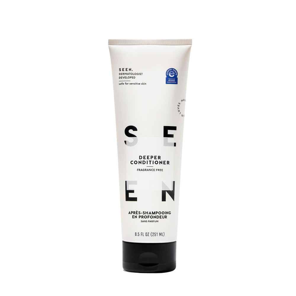 SEEN Deeper Conditioner fragrance-free bottle close-up for sensitive skin hydration.