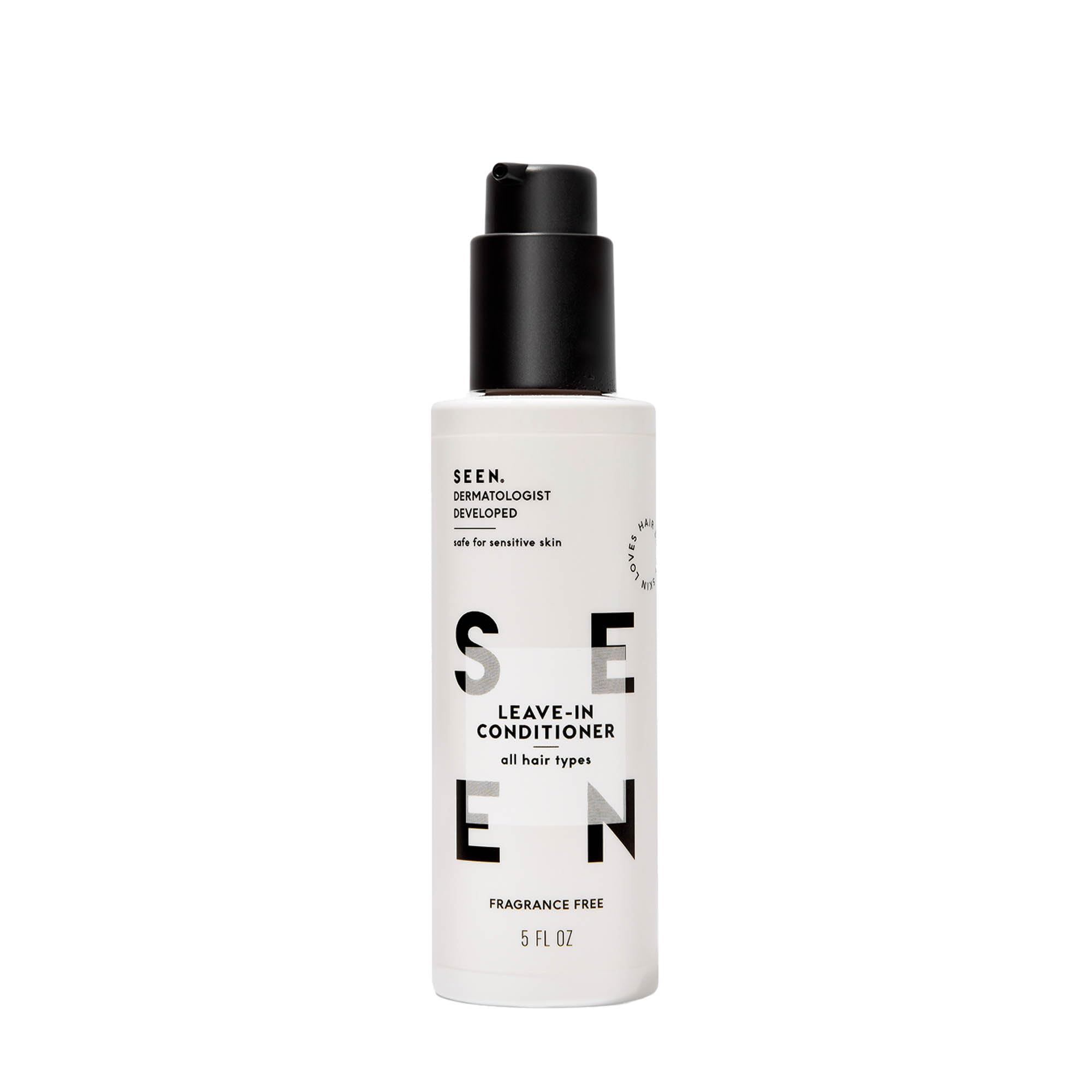 SEEN leave-in conditioner fragrance-free bottle highlights fragrance-free formula for sensitive skin use