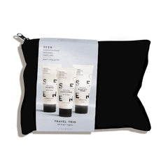 SEEN Travel Trio shampoo bottle highlights fragrance-free formula for sensitive skin and hair.
