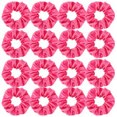 Semato satin scrunchies hot pink close-up, silky hair protection in use