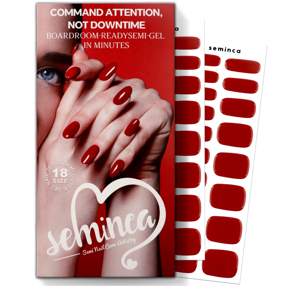 Seminca Semi Cured Gel Nail Strips on hand provide quick, glossy classic red manicure.
