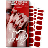 Seminca Semi Cured Gel Nail Strips on hand provide quick, glossy classic red manicure.