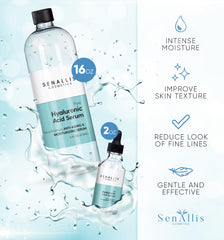 SenAllis Hyaluronic Acid Serum 2oz dropper bottle ideal for testing and travel hydration.
