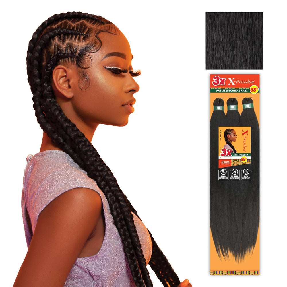 Sensationnel X-pression pre-stretched braid pack with 58-inch strands ideal for box braids.