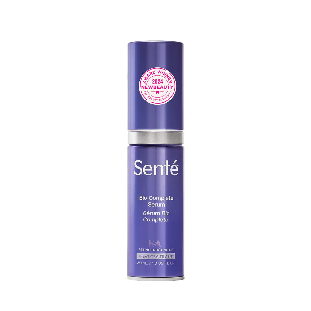 Senté Bio Complete Serum bottle with pump shows gentle hydration for sensitive skin.