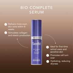 Senté Bio Complete Serum packaging mockup signals hypoallergenic, dermatologist-tested care.