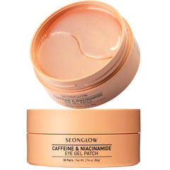 SEONGLOW caffeine under-eye patches pack closeup showing hydration boost.