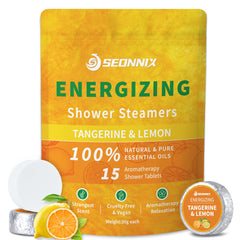 SEONNIX Shower Steamers 15-pack with Tangerine and Lemon for mood-boosting aromatherapy.