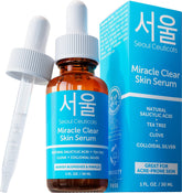 SeoulCeuticals Korean Acne Serum bottle closeup showing quick-acting blemish control for clear skin.