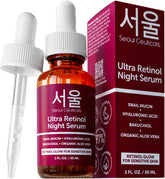 SeoulCeuticals retinol night serum bottle closeup for premium packaging and glow.