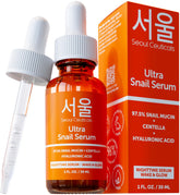 SeoulCeuticals snail mucin serum bottle for nighttime hydration and glow.