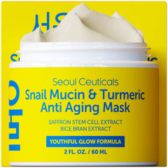 SeoulCeuticals snail mucin turmeric mask jar showing creamy hydration for radiant skin
