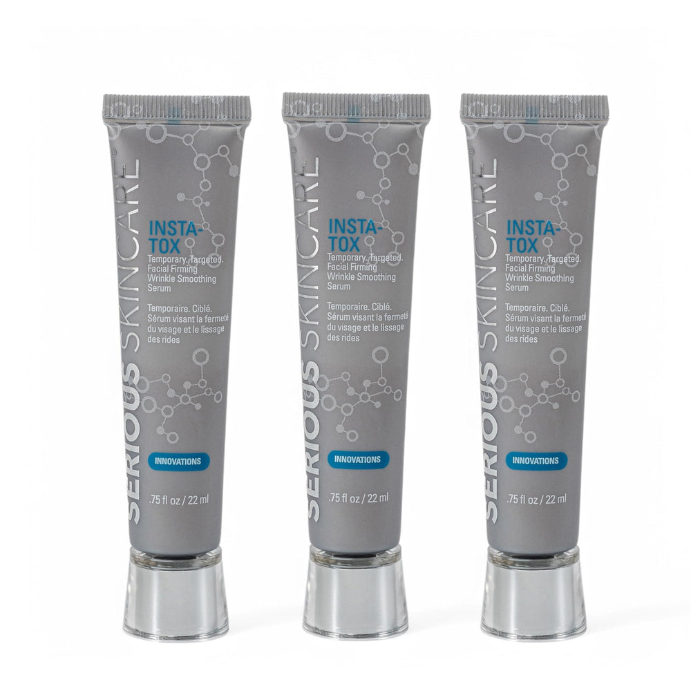 Serious Skincare INSTA-TOX trio packaging shows a convenient three-pack for quick skincare routines.