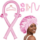 Seritant heatless curler pink satin bonnet closeup shows gentle overnight curl comfort