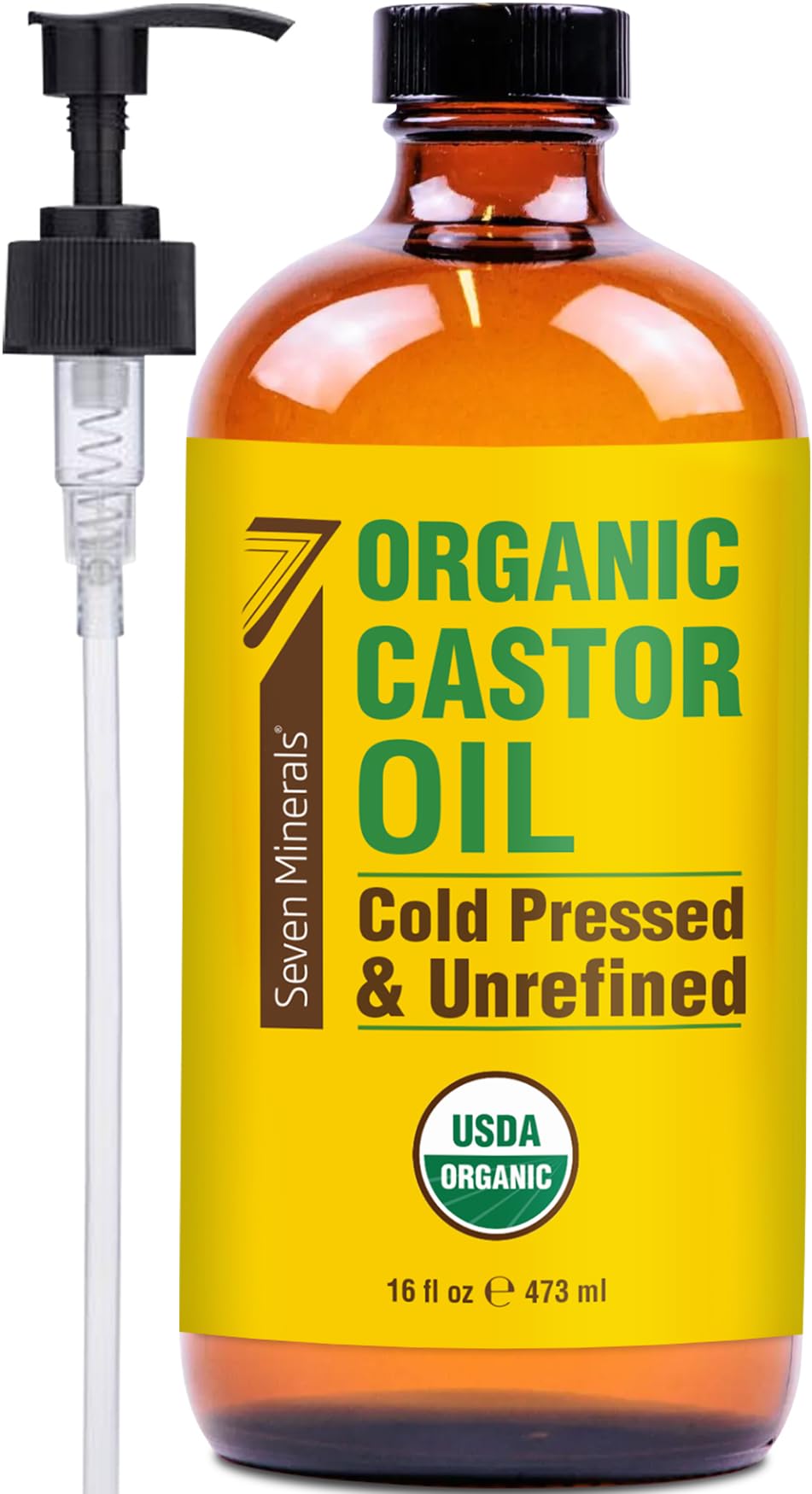 Seven Minerals castor oil in amber bottle for pure, versatile skincare and hair care