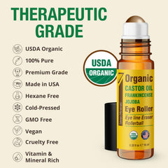 Seven Minerals castor-oil frankincense jojoba blend promotes brightening and hydration near eyes.