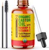 Seven Minerals castor oil rosehip bottle for skin hydration and lash nourishment