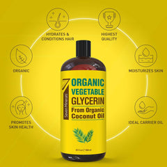 Seven Minerals vegan glycerin bottle highlights organic coconut-oil base for gentle moisturization.