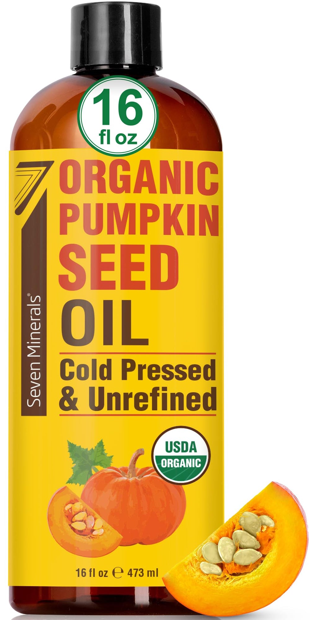Seven Minerals Pumpkin Seed Oil bottle shows organic, hexane-free formula for versatile hydration.