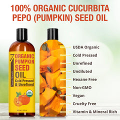 Seven Minerals Pumpkin Seed Oil pour demonstrates lightweight, fast-absorbing moisture for skin.