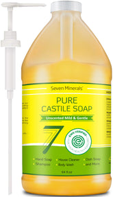 Seven Minerals Pure Castile Soap bottle unscented for gentle cleansing and versatile use.